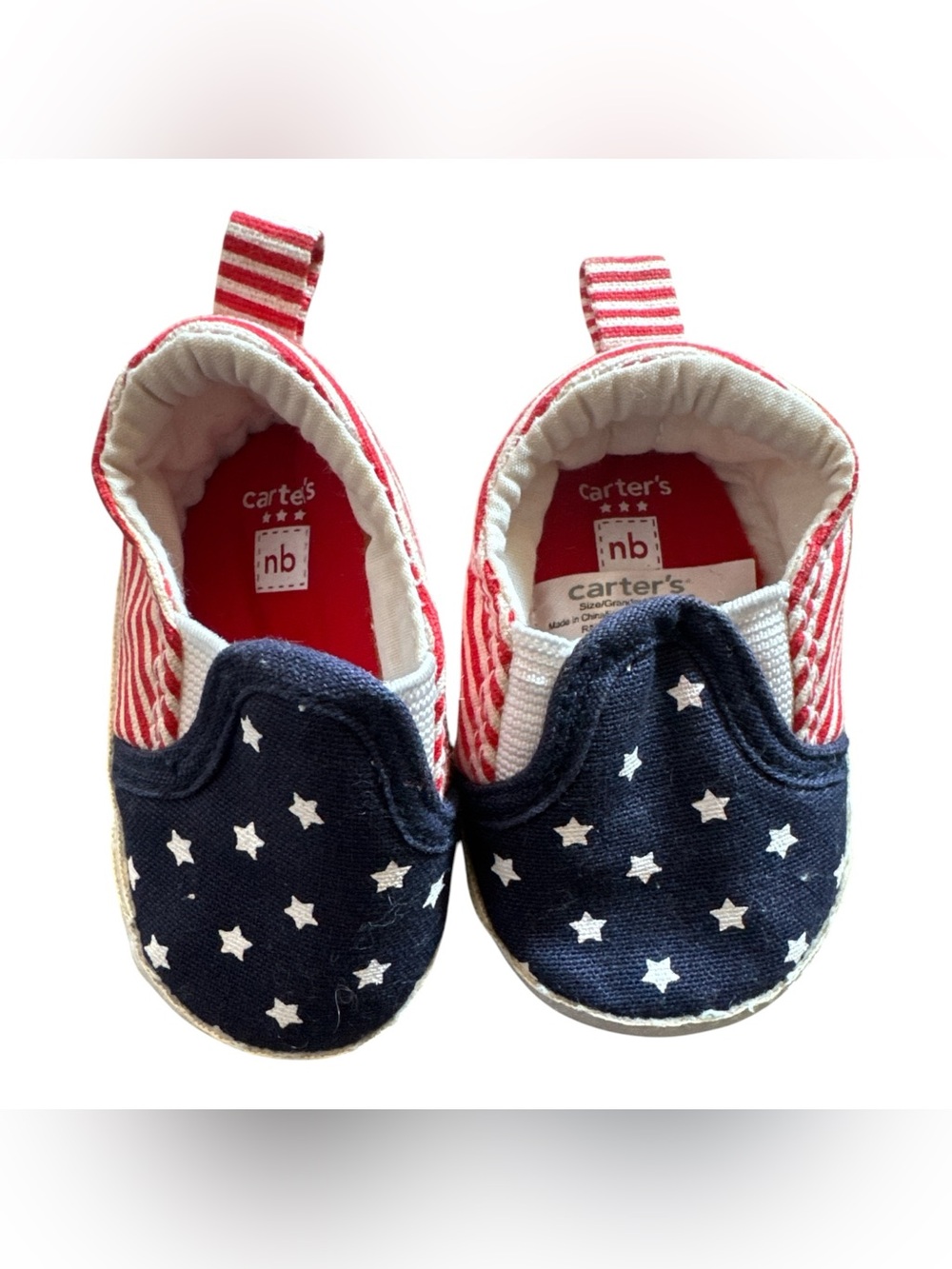 Carters Patriotic Striped Red & White Newborn NB Baby Booties with Navy Accents